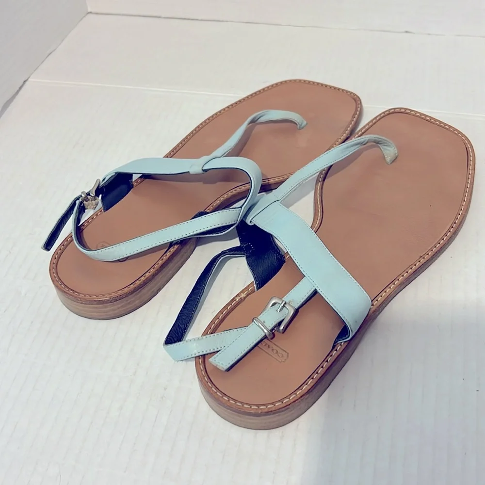 Coach Light Blue T-strap Thing Style Leather Sandals